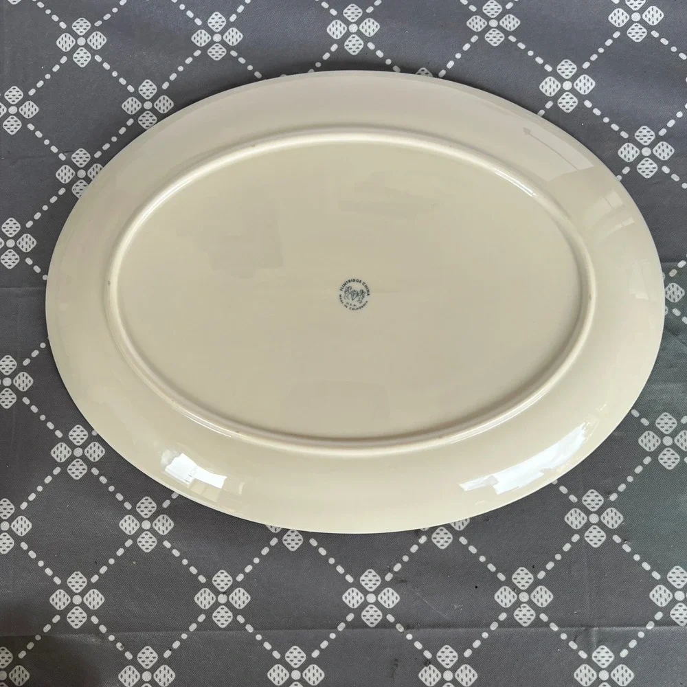 Flintridge China Oval Serving Platter Teal Green Silver Trim Made in USA 13.5in